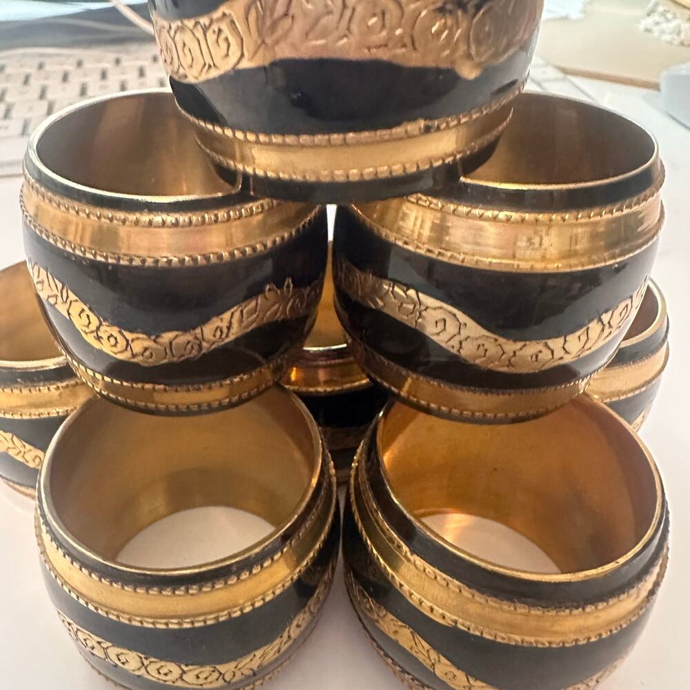 Moody Hollywood Regency Black Enamel Etched Brass Barrel Napkin Rings SET of 8